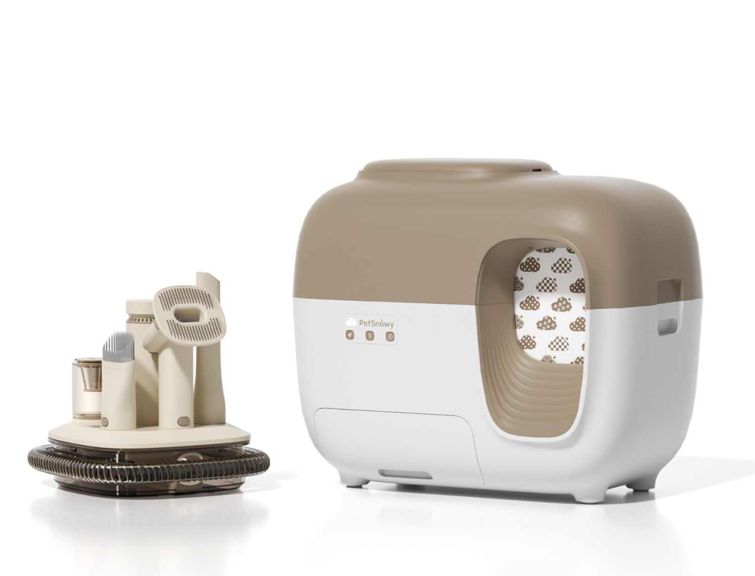 PetSnowy Shed-Free Set Classic package composite showing one SNOW+ litter box beside a separate VacPro-style wireless grooming-vacuum kit.