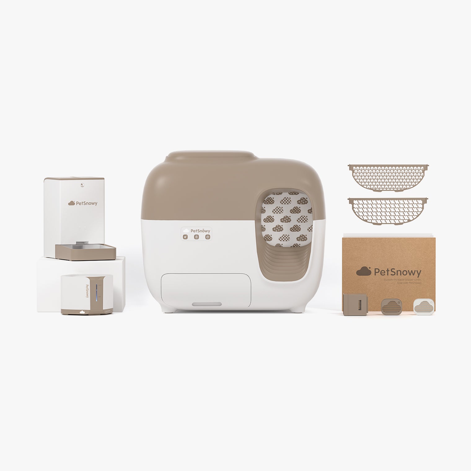 PetSnowy SNOW+ one-box bundle in Classic finish with feeder, fountain and listed package artwork.
