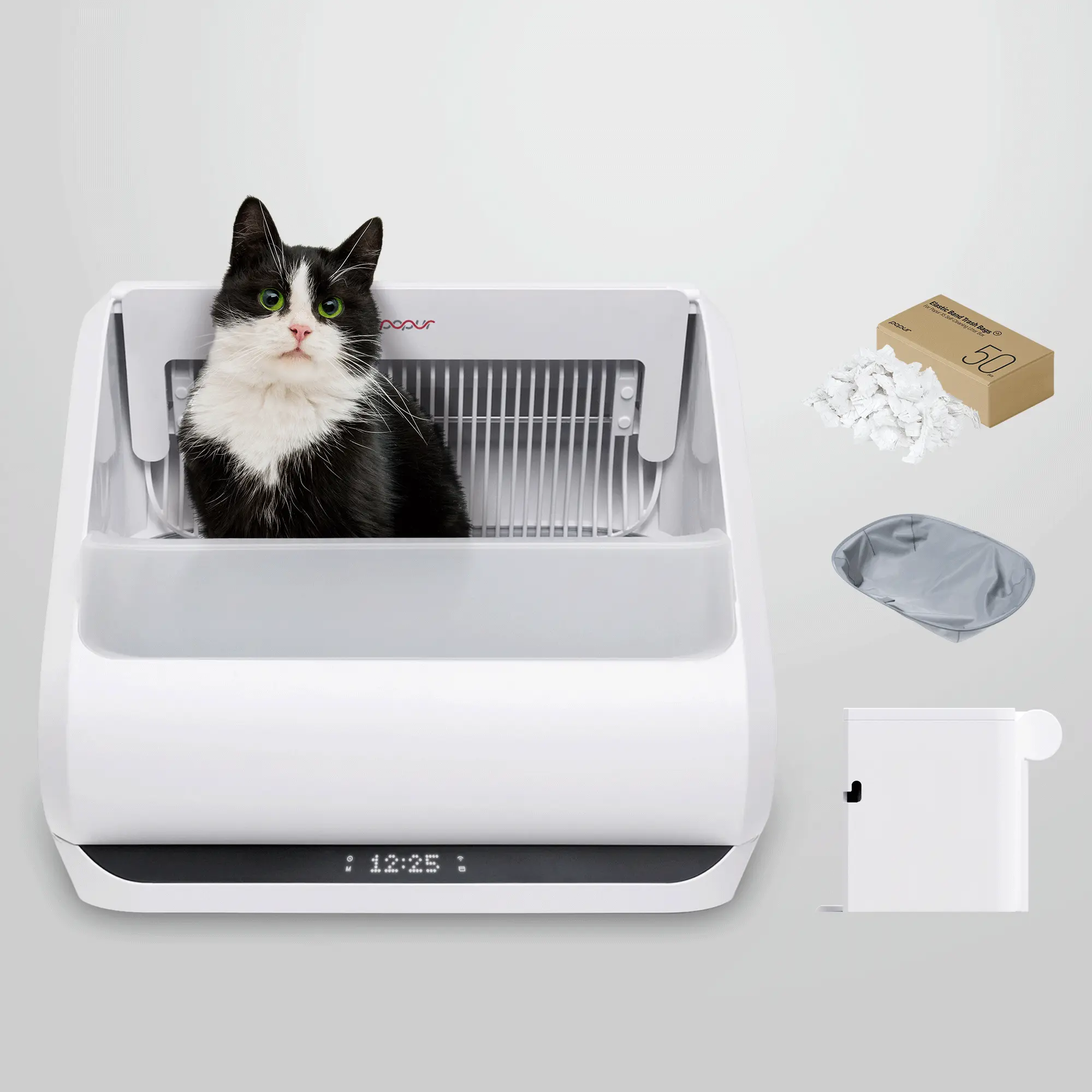 Manufacturer Core Bundle artwork showing one Popur X5 with its plastic bin and package accessories.