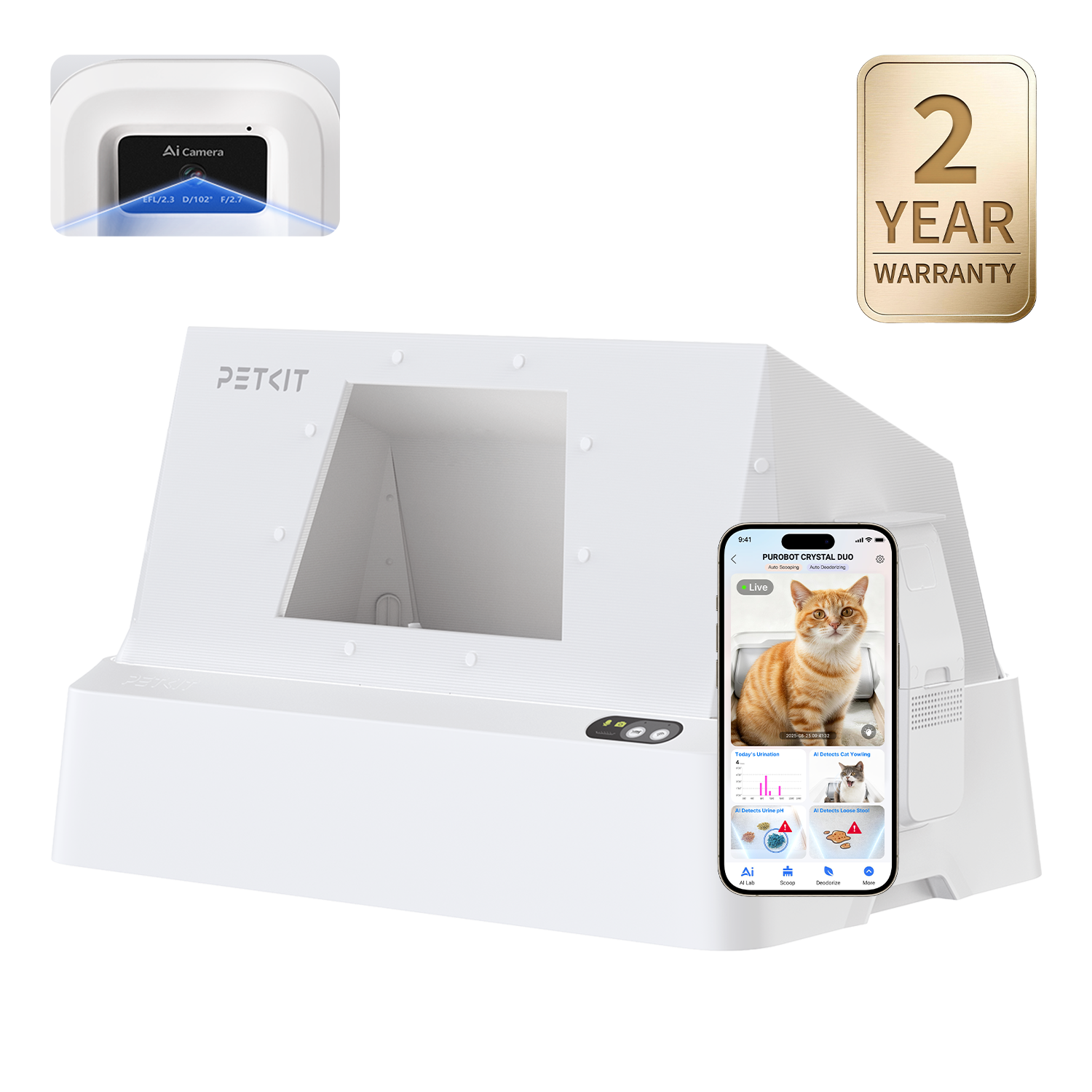 PETKIT Purobot Crystal Duo with Hood T7-W1, showing its raised front-entry cover and camera.