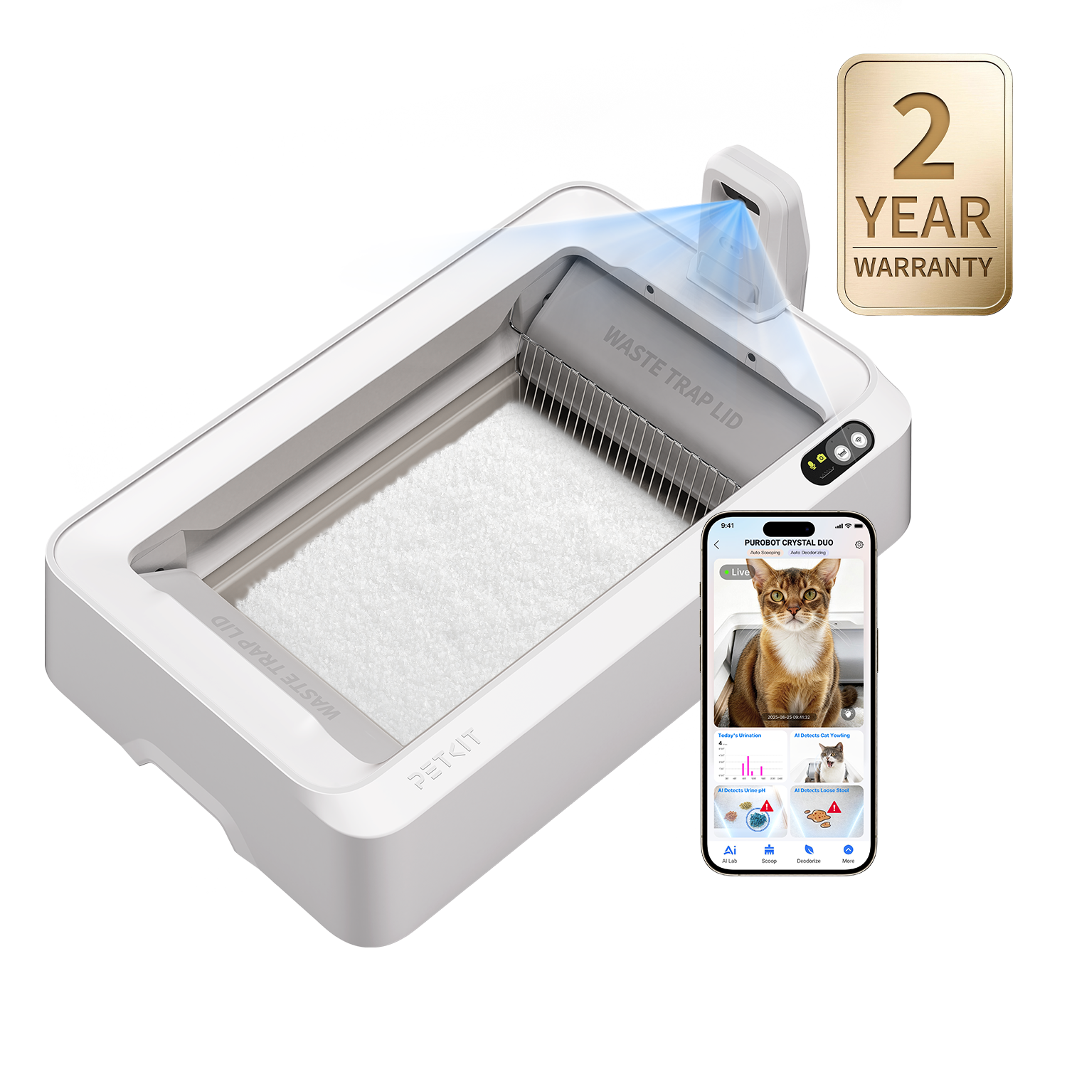 White open-top PETKIT Purobot Crystal Duo with a crystal tray, rear camera and app graphic, manufacturer artwork.