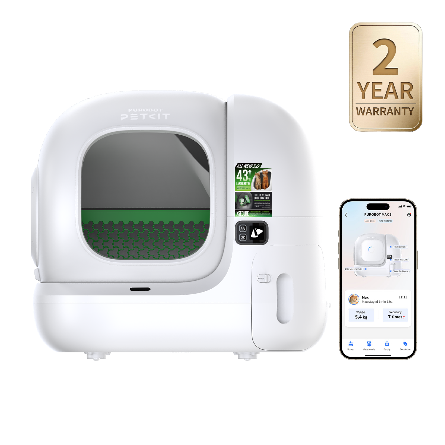 White PETKIT Purobot Max 3 enclosed automatic litter box with app-control panel and warranty graphic in a manufacturer promotional composition.