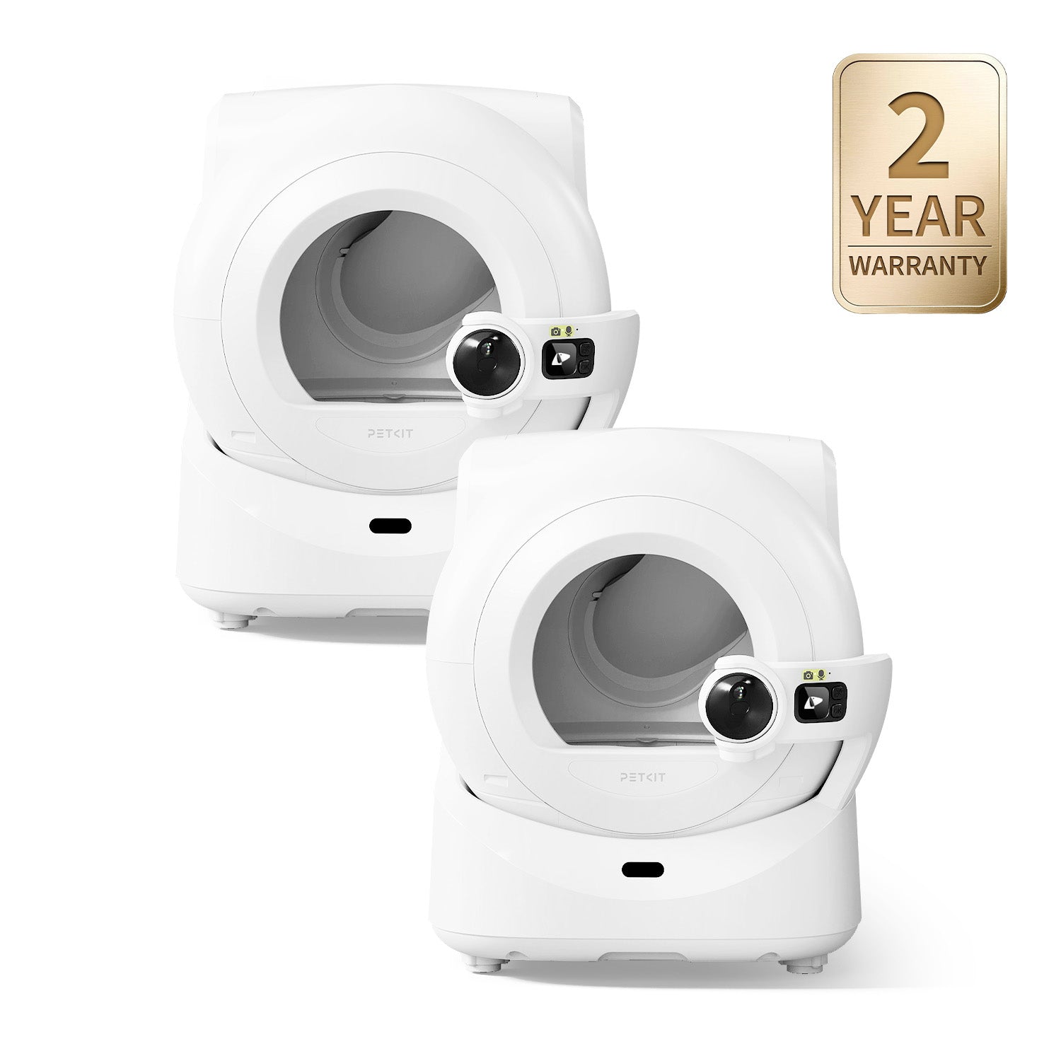Two matching white Purobot Ultra litter boxes in exact Multi-Cat Care Bundle artwork.
