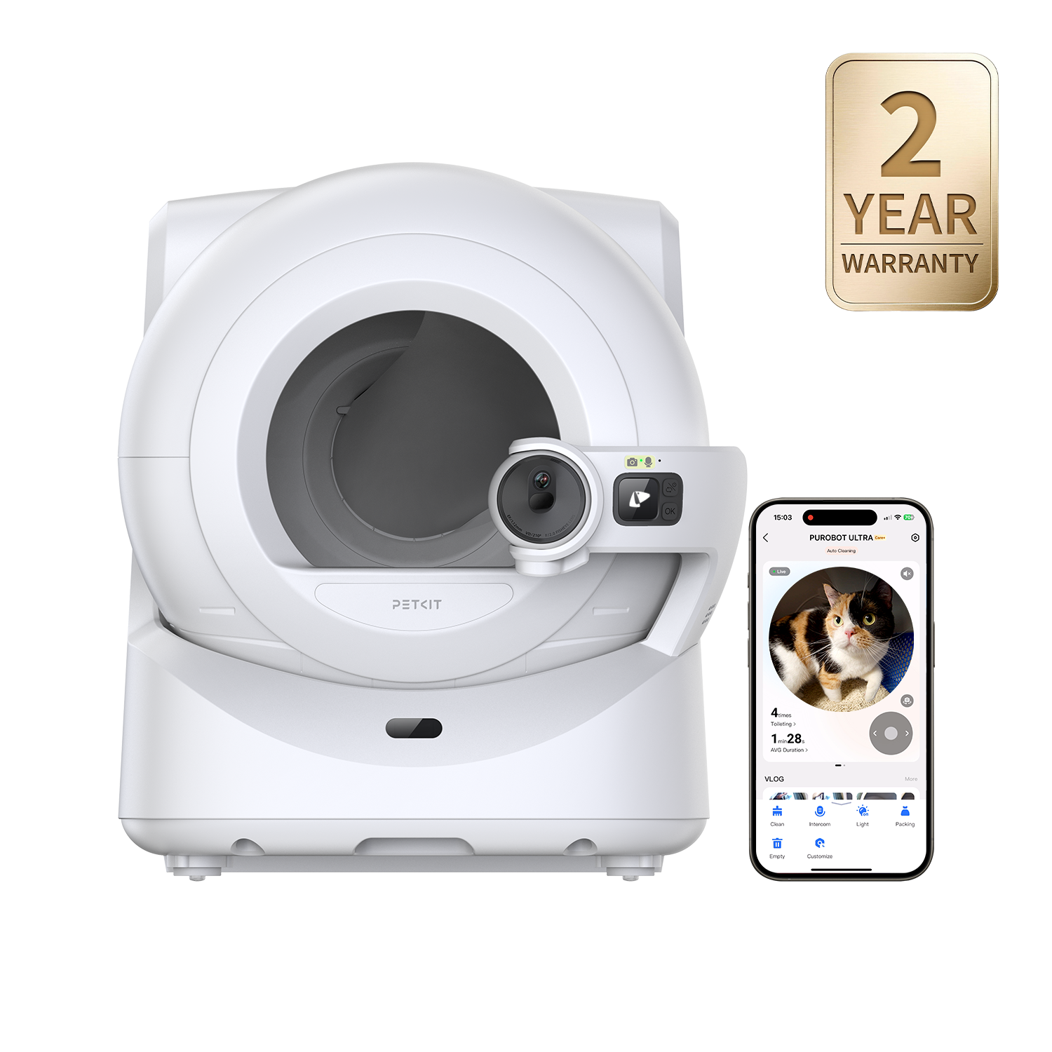 White PETKIT Purobot Ultra with camera and app display in official product artwork.