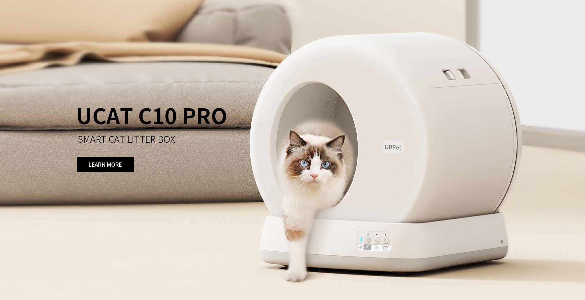 UBPet UCAT C10 PRO manufacturer banner showing an enclosed round drum, front entry and base control panel.